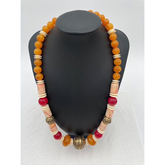 Handcrafted Bohemian Beaded Necklace With Ornate Brass Accent Beads & Marbled Re - Picture 3 of 3